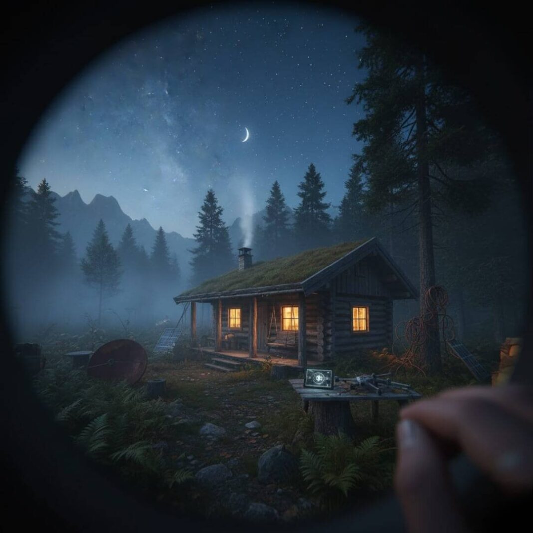 Misty off-grid cabin inviting a digital detox under starry skies.