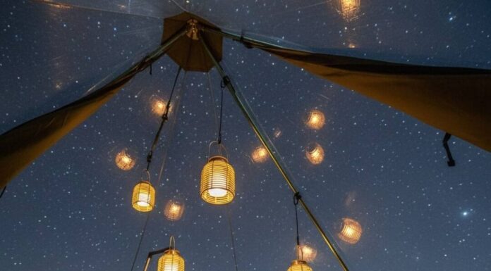 Glamping, But Make It Green: Top Eco Glamping Spots in the U.S. Tent view: grass, starry mesh roof, dangling lanterns.