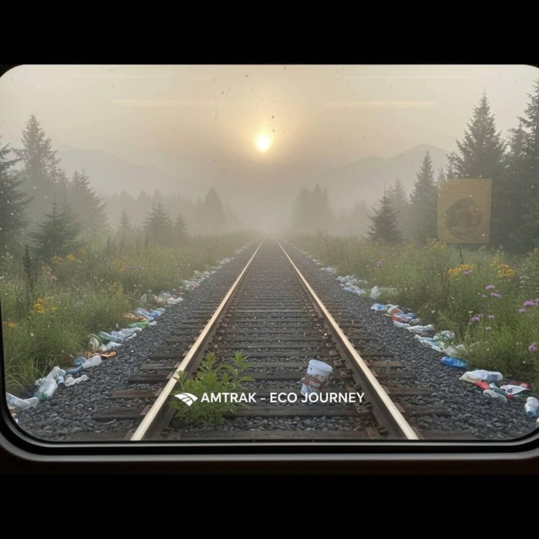 Misty train tracks with litter and eco-hope text.