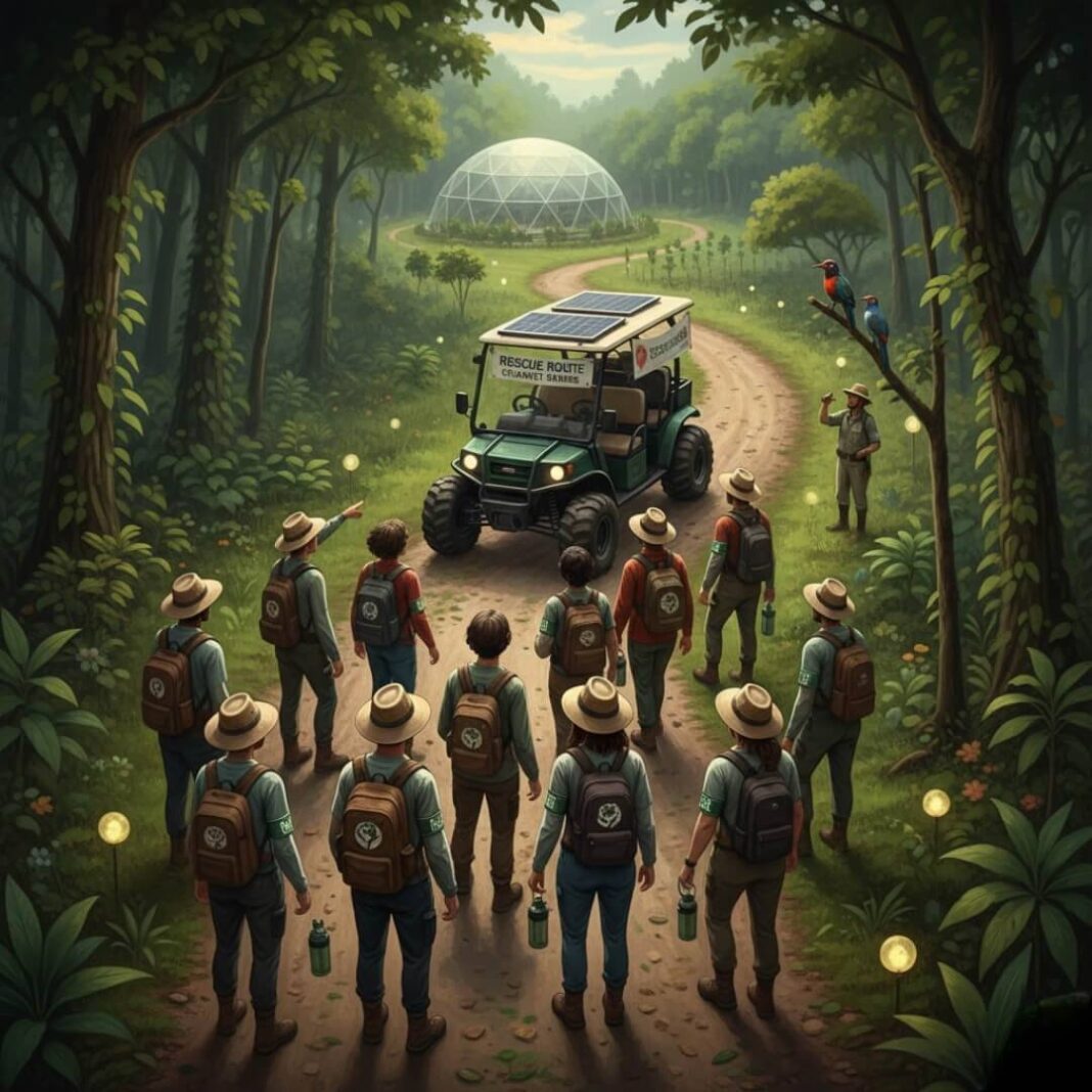 Eco-tour group in forest, geodesic dome ahead. Eco-tour group in forest, geodesic dome ahead.