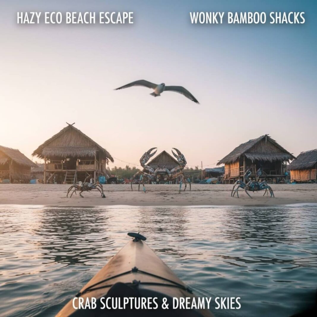 Hazy beach, wonky shacks, crab sculptures, kayak view.