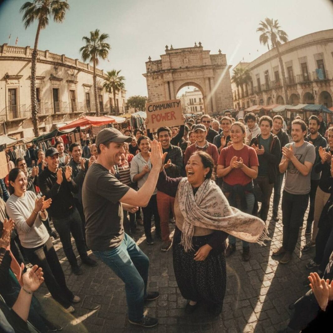 Tourists and locals high-fiving in community