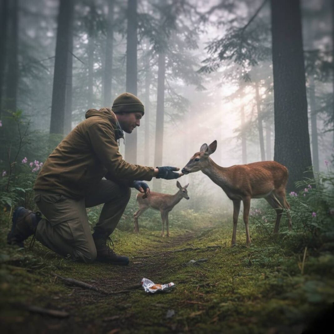 Hiker feeding deer in misty forest. Hiker feeding deer in misty forest.