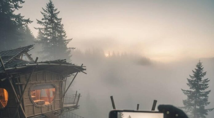 12 Stunning Eco-Friendly Hotels You Won’t Believe Exist Hiker's view of treehouse in foggy Oregon.