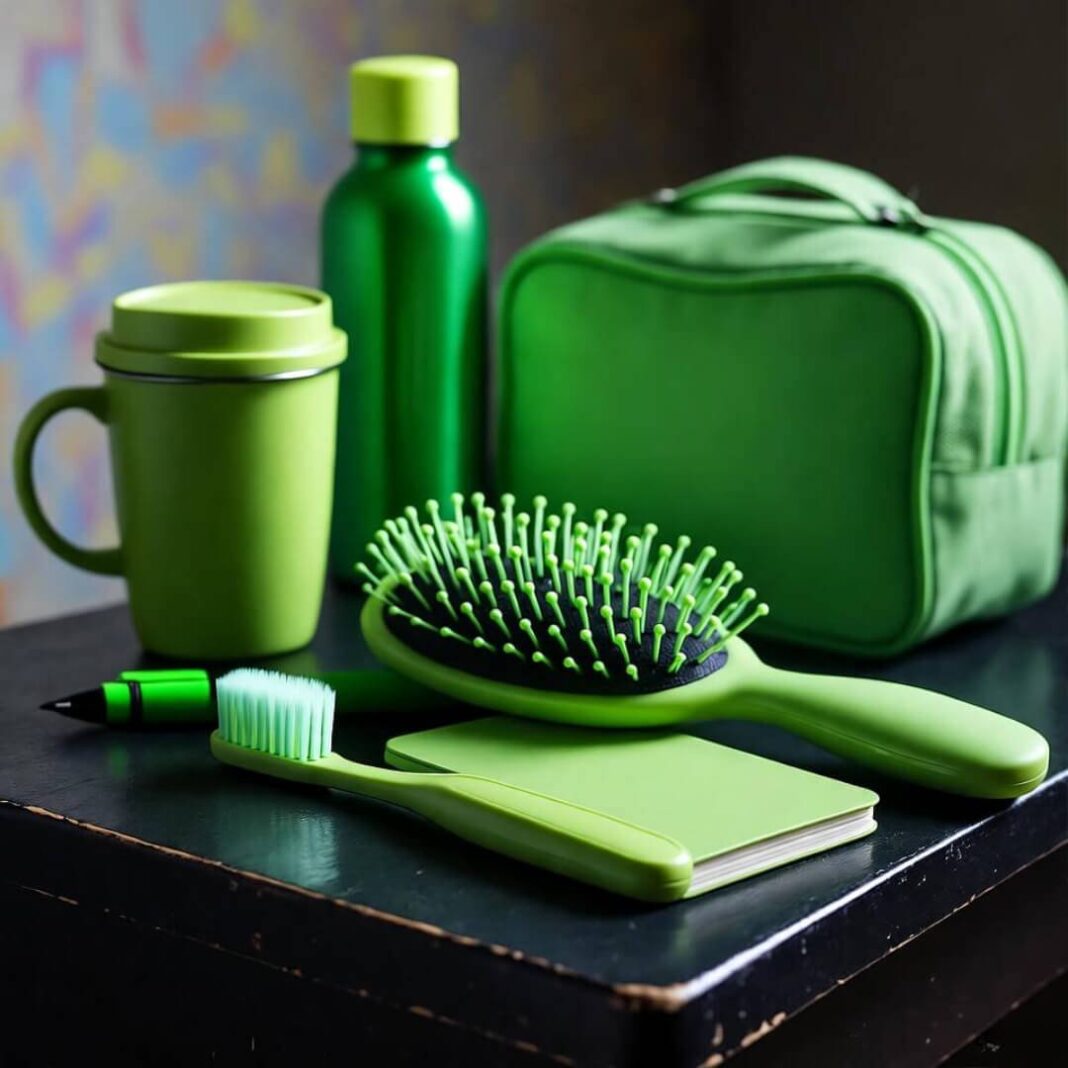Blurry eco-essentials mess on motel nightstand.